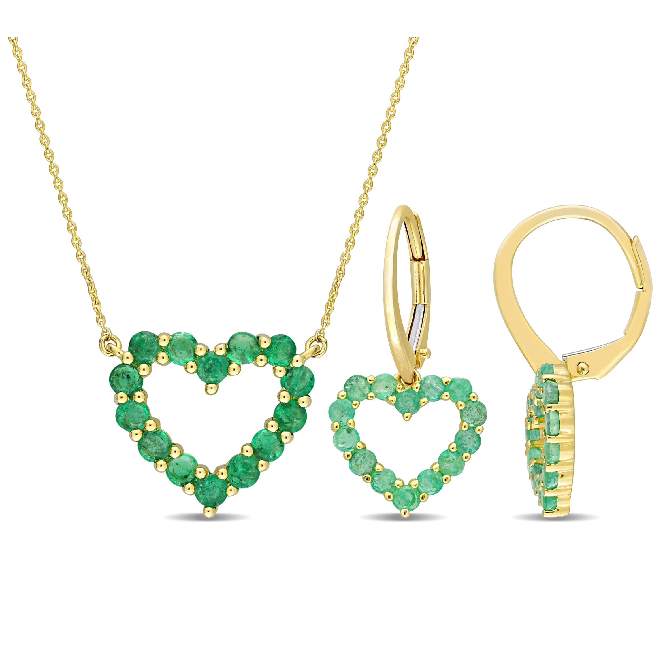 2-Pc Set of Emerald Open Heart Earrings and Necklace in 10K Yellow Gold