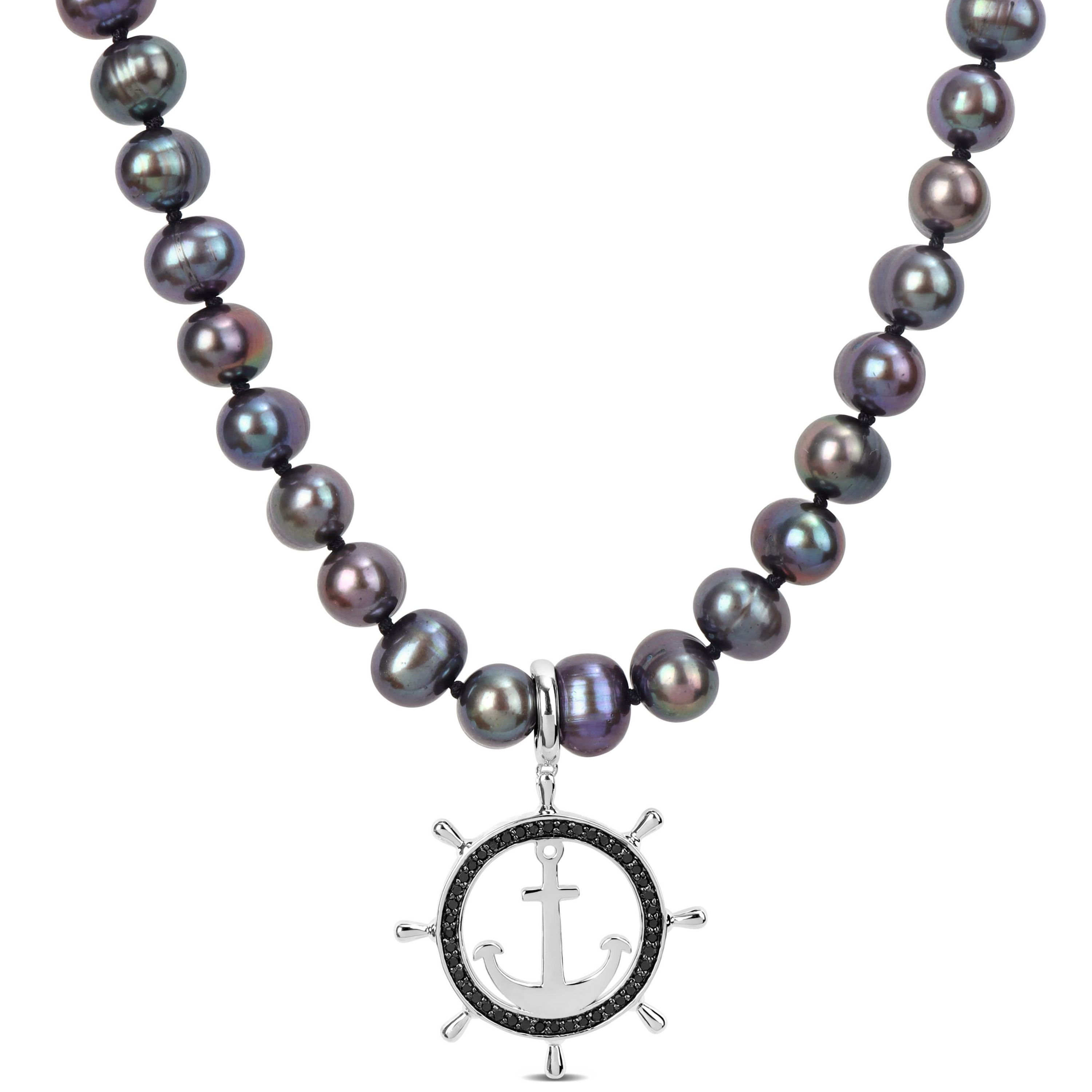 7-7.5mm Black Freshwater Cultured Pearl and 1/3 ct. t.w. Black Diamond Anchor Necklace in Sterling Silver with Black Rhodium Plated