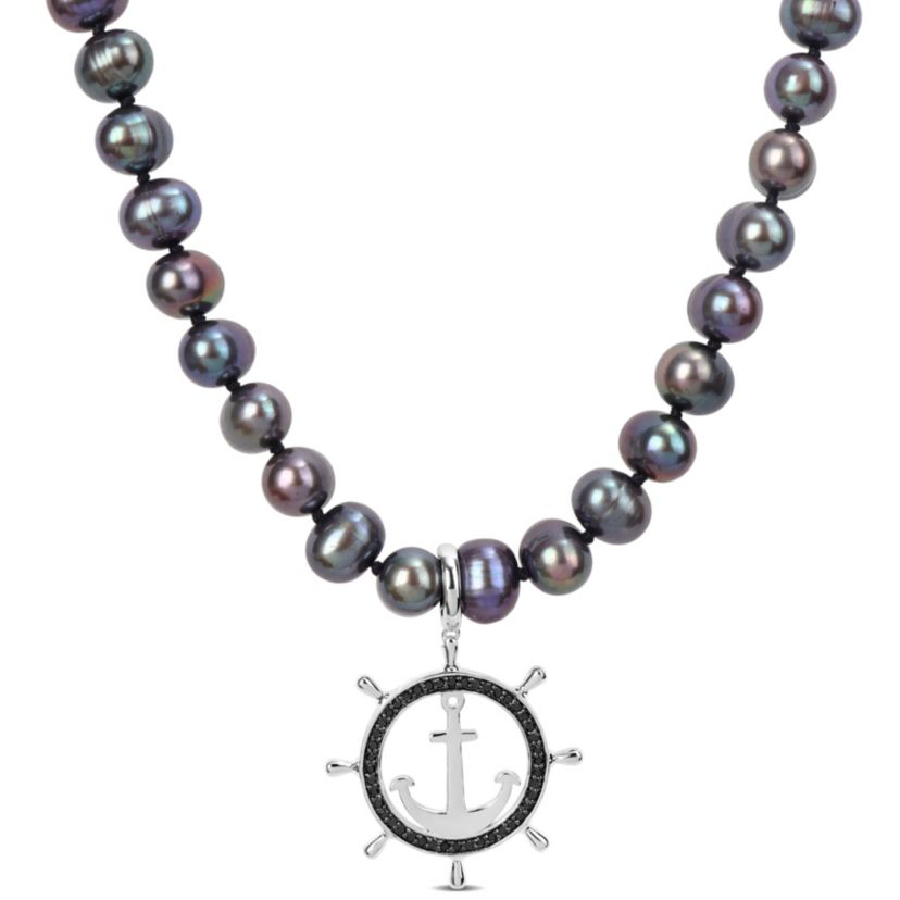 7-7.5mm Black Freshwater Cultured Pearl and 1/3 ct. t.w. Black Diamond Anchor Necklace in Sterling Silver with Black Rhodium Plated