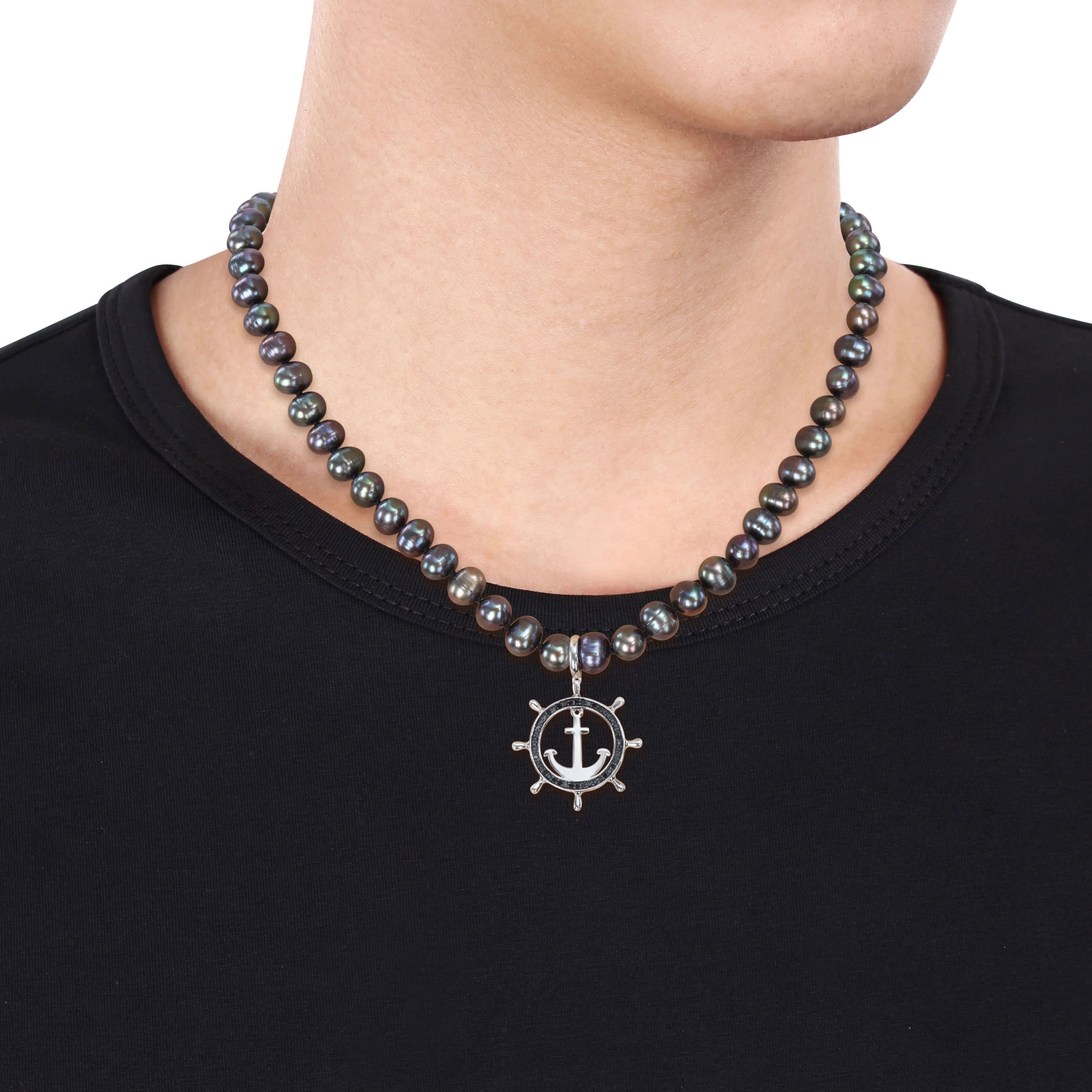 7-7.5mm Black Freshwater Cultured Pearl and 1/3 ct. t.w. Black Diamond Anchor Necklace in Sterling Silver with Black Rhodium Plated