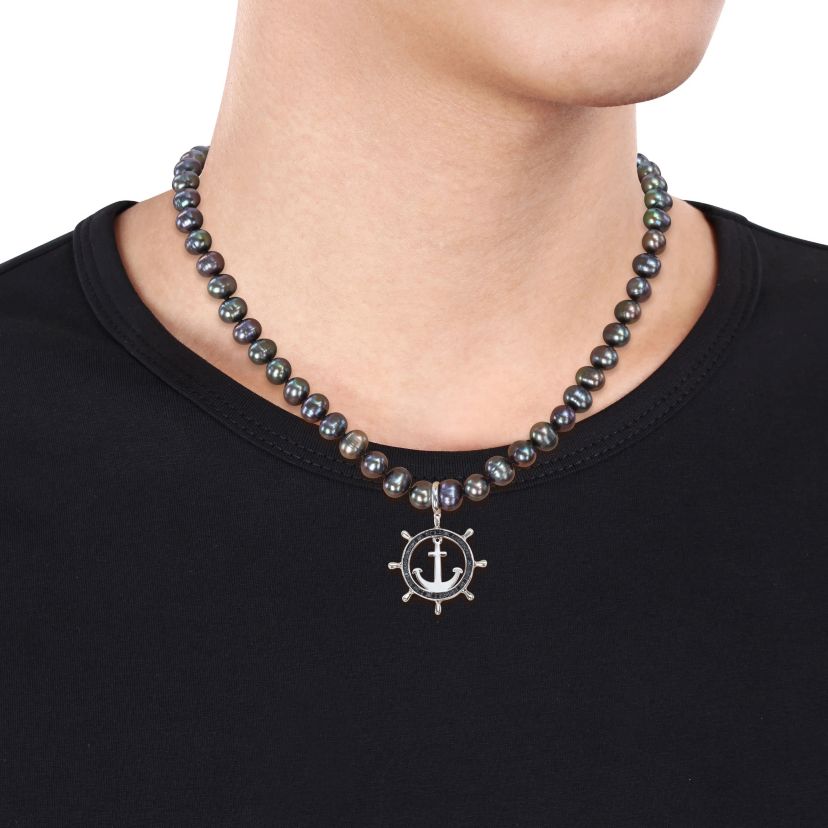 7-7.5mm Black Freshwater Cultured Pearl and 1/3 ct. t.w. Black Diamond Anchor Necklace in Sterling Silver with Black Rhodium Plated