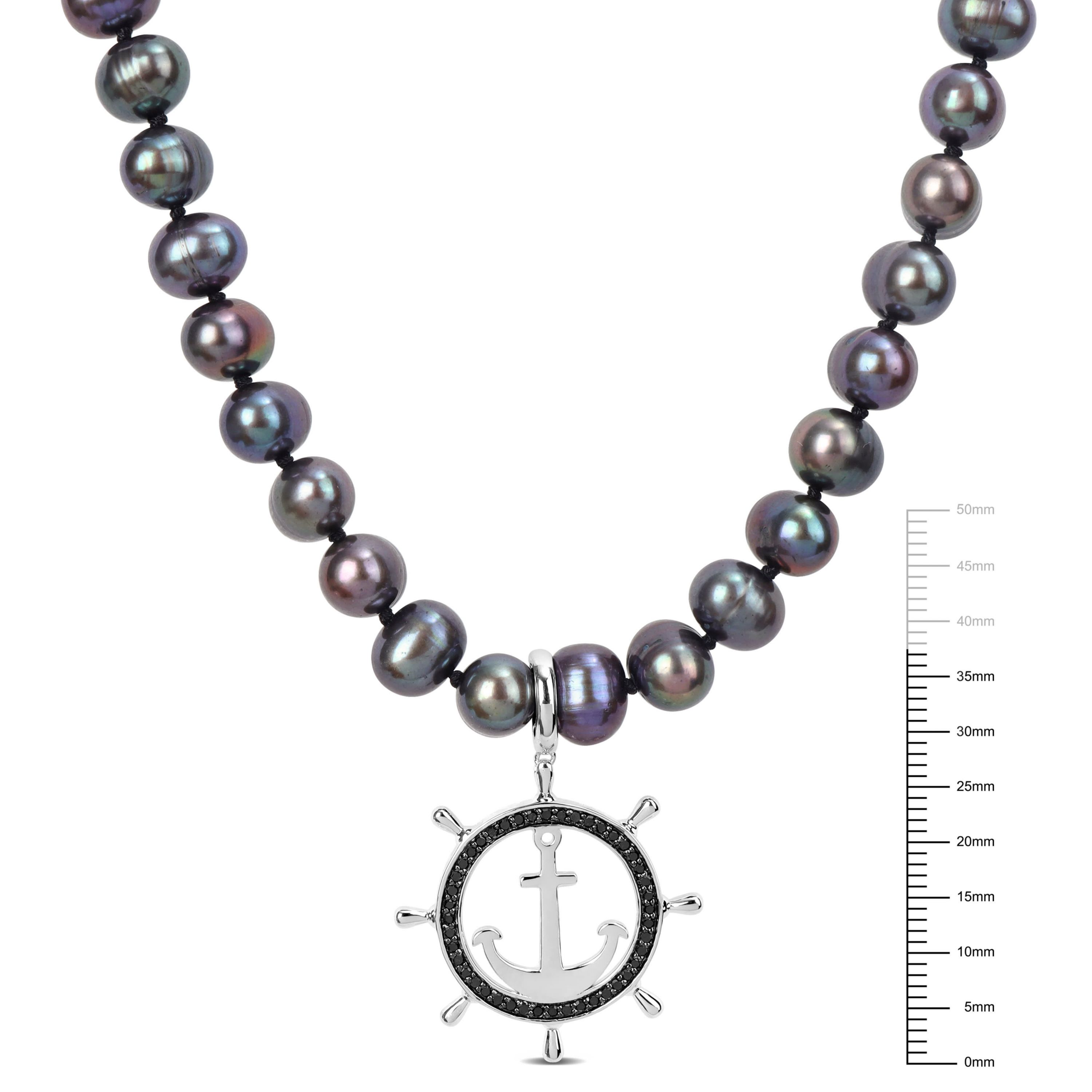 7-7.5mm Black Freshwater Cultured Pearl and 1/3 ct. t.w. Black Diamond Anchor Necklace in Sterling Silver with Black Rhodium Plated