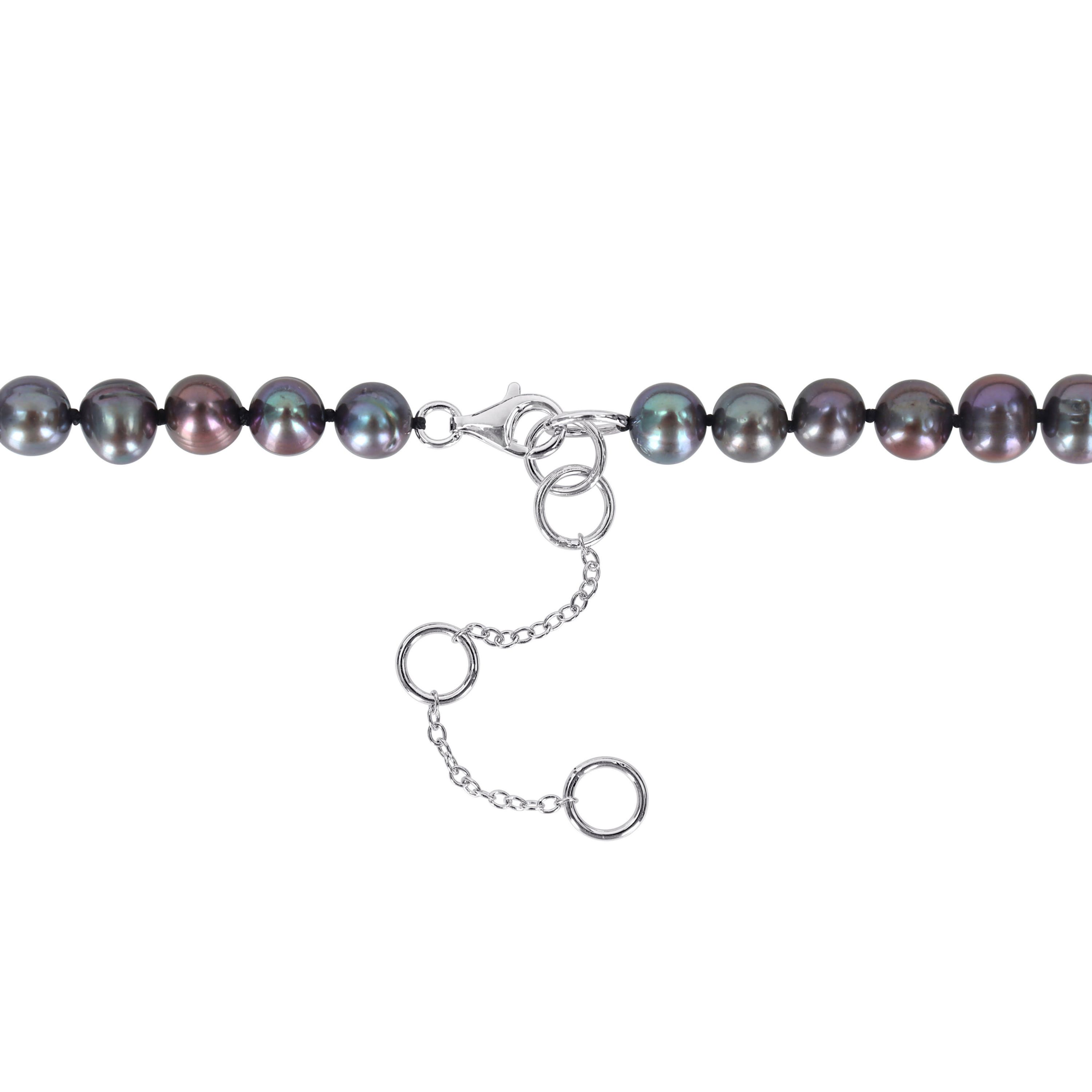 7-7.5mm Black Freshwater Cultured Pearl and 1/3 ct. t.w. Black Diamond Anchor Necklace in Sterling Silver with Black Rhodium Plated