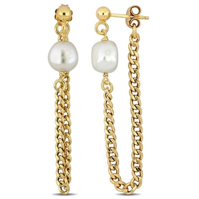 Belk & Co 8-8.5MM Freshwater Cultured Pearl Earrings with Curb Link Chain in Yellow Plated Sterling Silver, 8.25 in