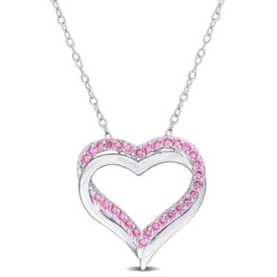 Belk & Co Lab Created Pink Sapphire Crossover Heart Pendant with Chain in Sterling Silver