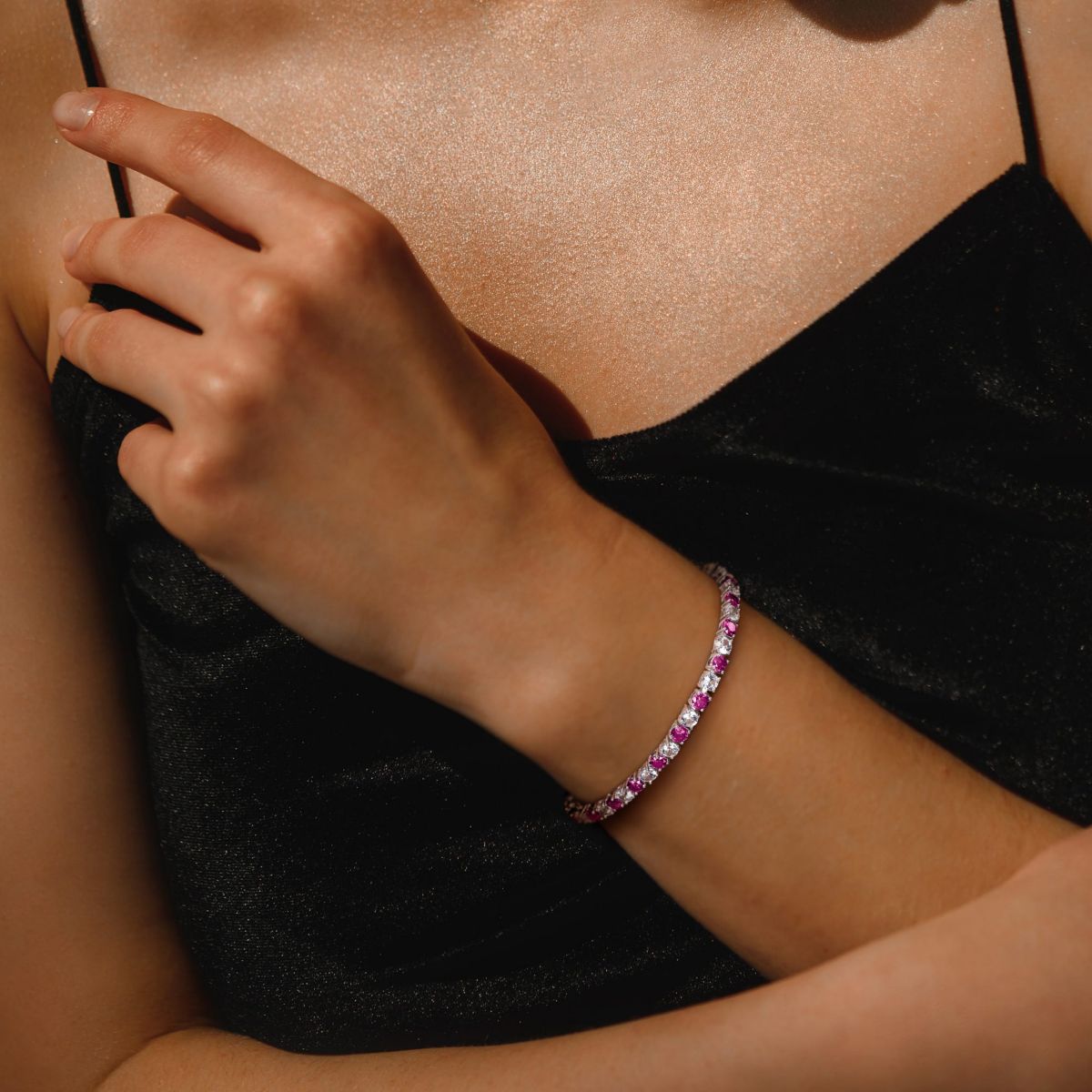 Lab Created Created Pink and White Sapphire Bracelet in Sterling Silver