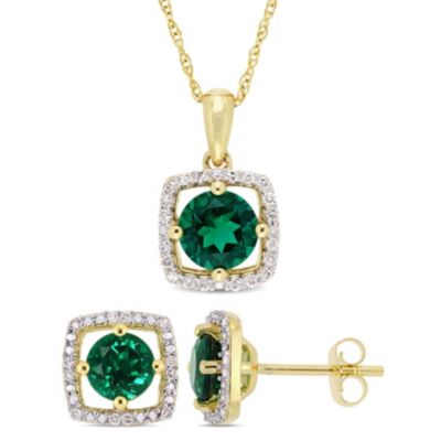 Belk & Co Lab Created 2-Pc Set of Emerald and 1/6 ct. t.w. Diamond Square Halo Stud Earrings and Pendant with Chain in 10K Yellow Gold