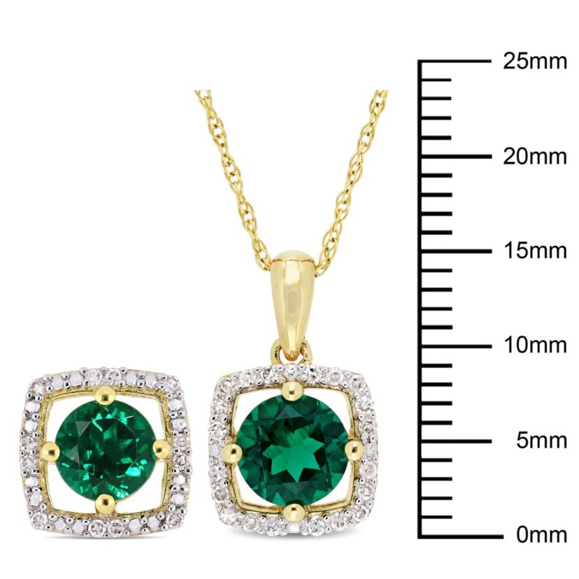 Lab Created 2-Pc Set of Created Emerald and 1/6 ct. t.w. Diamond Square Halo Stud Earrings and Pendant with Chain in 10K Yellow Gold