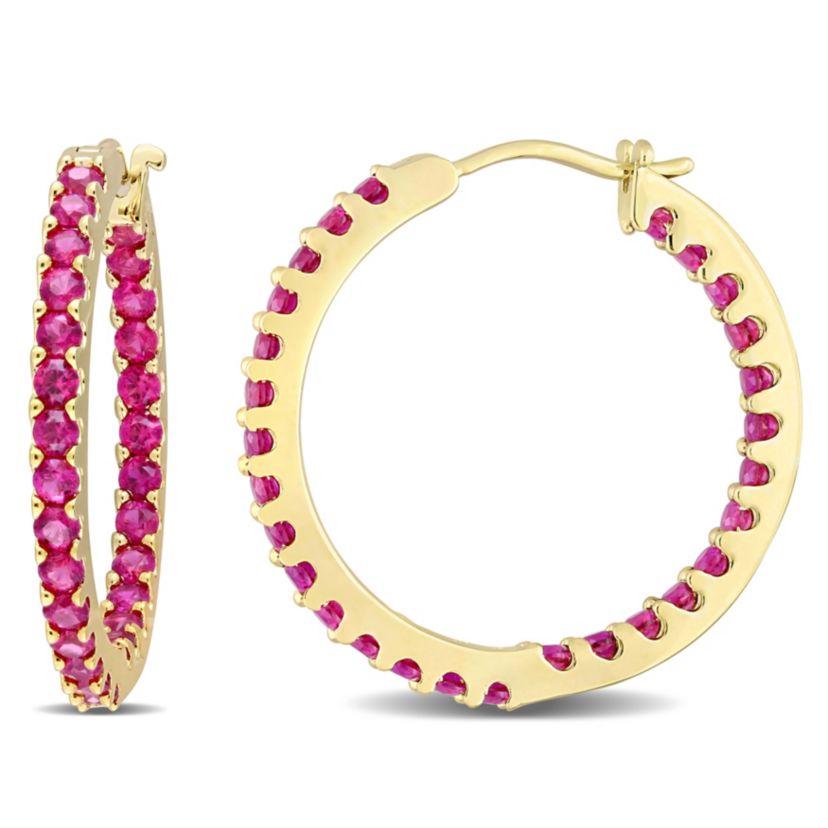 Lab Created Created Ruby Inside Outside Hoop Earrings in 10K Yellow Gold