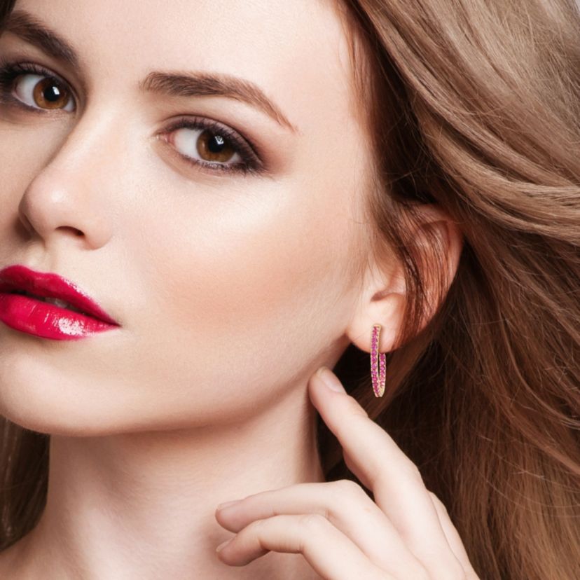 Lab Created Created Ruby Inside Outside Hoop Earrings in 10K Yellow Gold