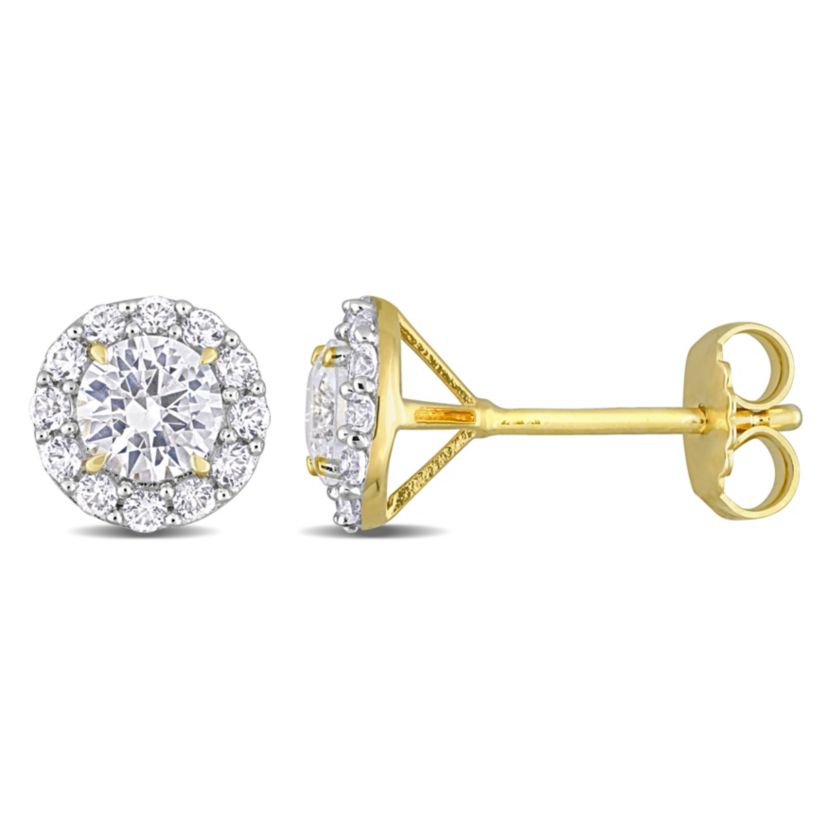 Lab Created Created White Sapphire Halo Stud Earrings in Yellow Plated Sterling Silver