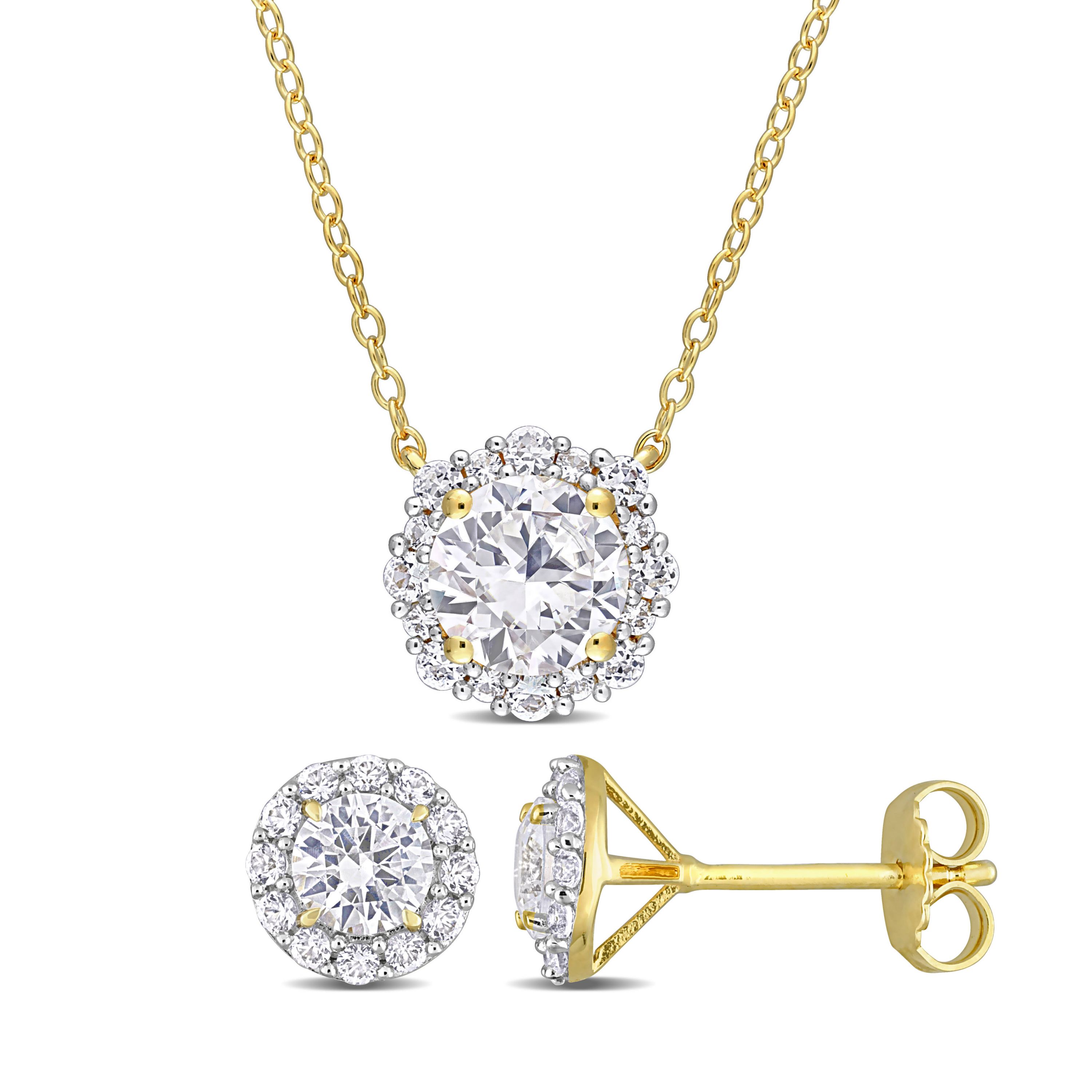 Lab Created 2-Pc Set of Created Sapphire Halo Earrings and Necklace in Yellow Plated Sterling Silver