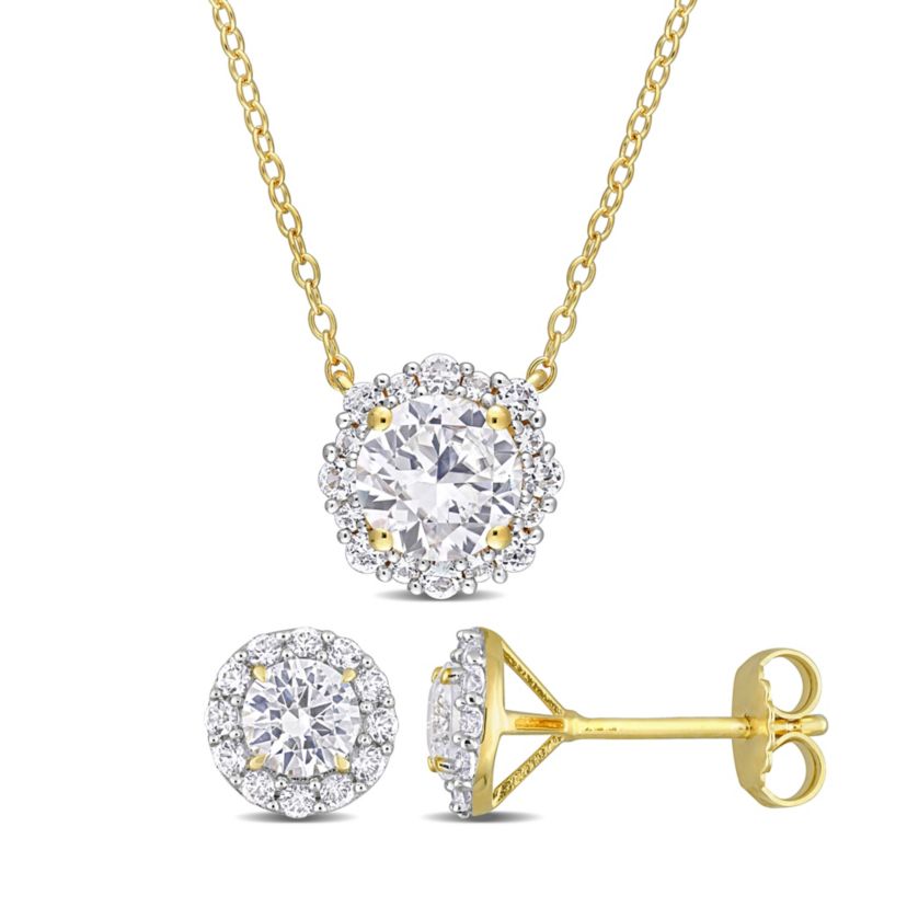 Lab Created 2-Pc Set of Created Sapphire Halo Earrings and Necklace in Yellow Plated Sterling Silver