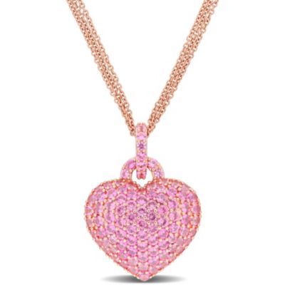 Belk & Co Lab Created Pink Sapphire Heart Pendant with Triple-Strand Chain in Rose Plated Sterling Silver