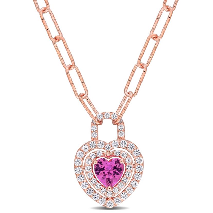 Lab Created Created Pink and White Sapphire Double Halo Heart Lock Necklace in Rose Plated Sterling Silver