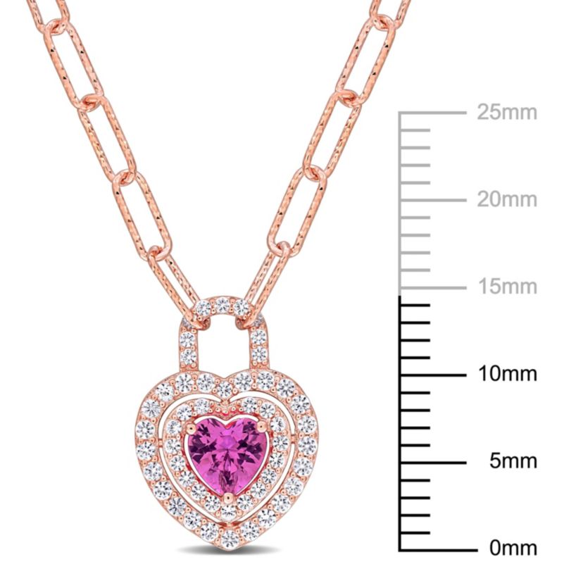 Lab Created Created Pink and White Sapphire Double Halo Heart Lock Necklace in Rose Plated Sterling Silver