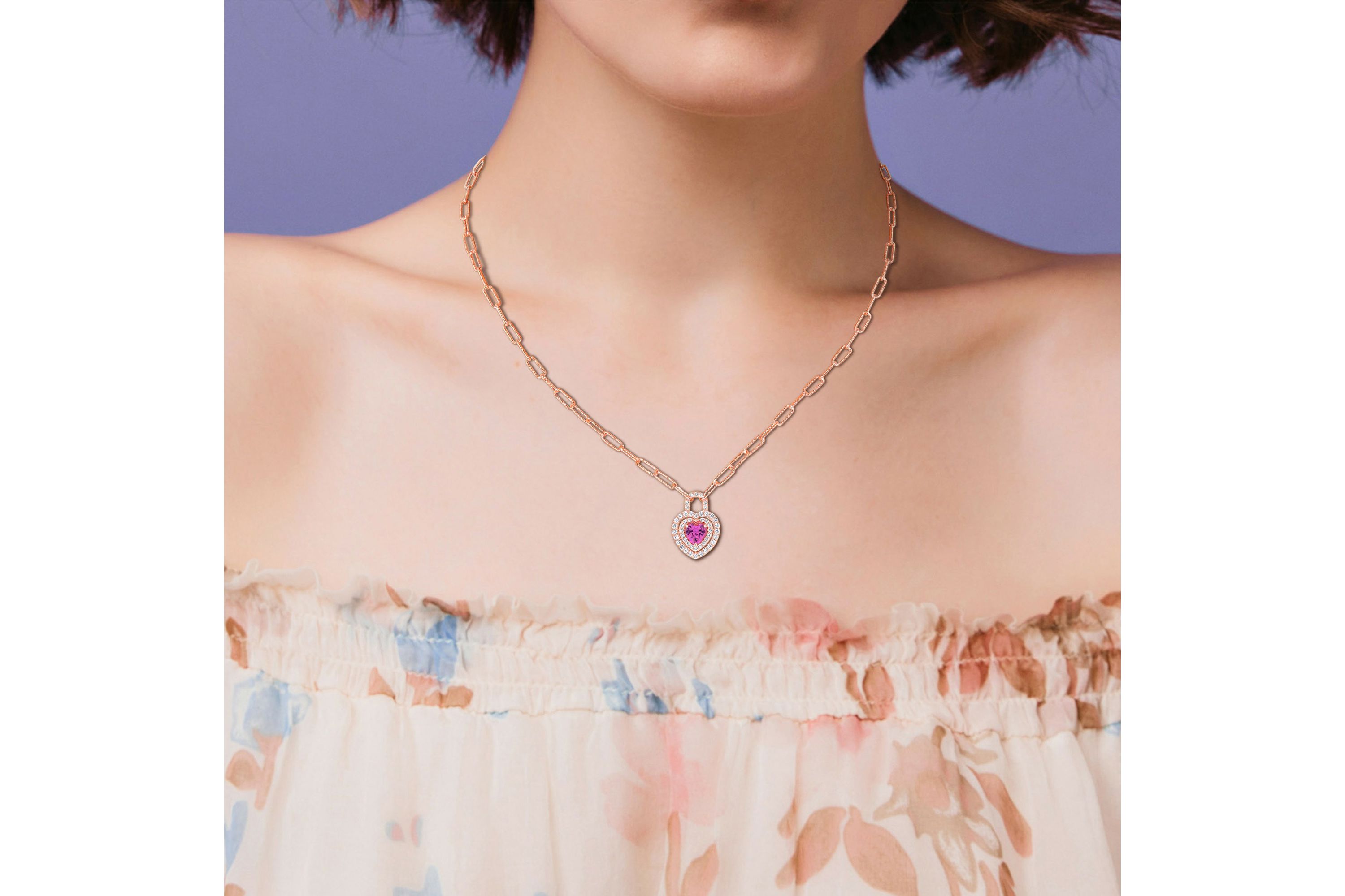 Lab Created Created Pink and White Sapphire Double Halo Heart Lock Necklace in Rose Plated Sterling Silver