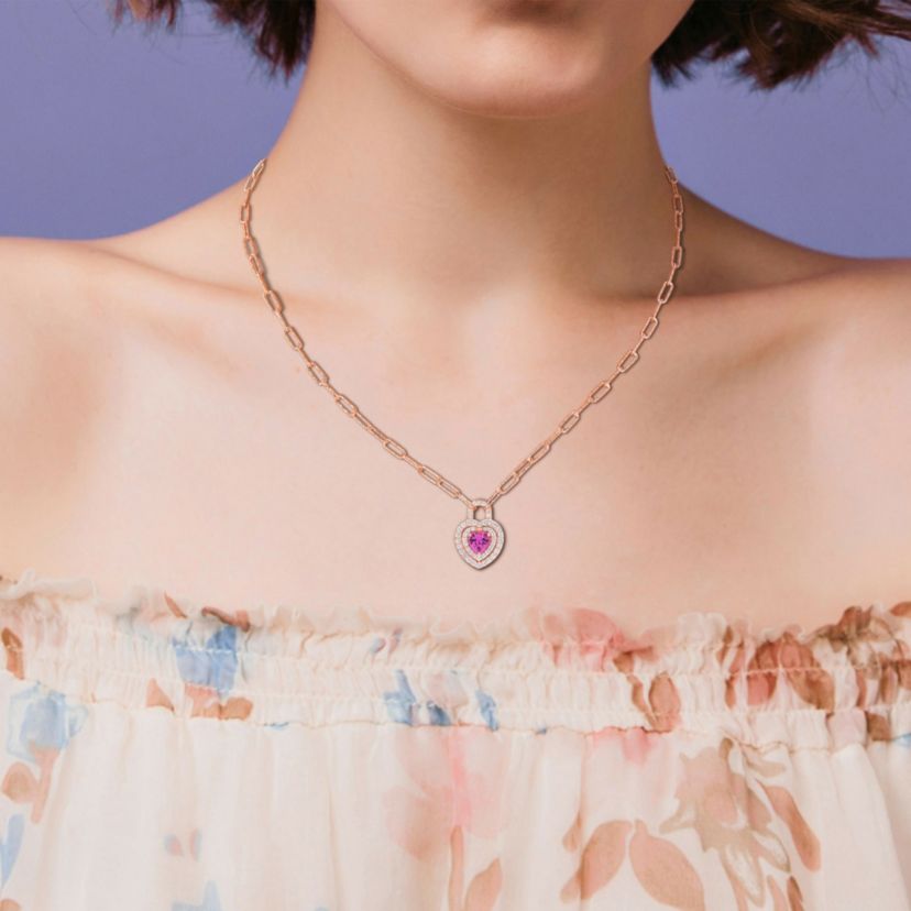 Lab Created Created Pink and White Sapphire Double Halo Heart Lock Necklace in Rose Plated Sterling Silver