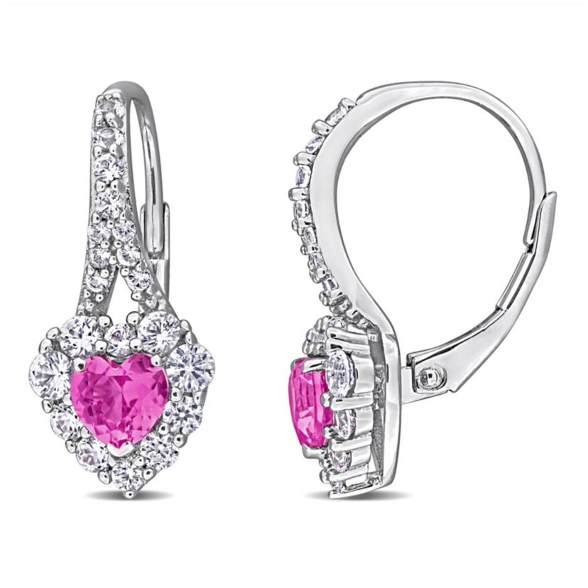 Lab Created Created Pink and White Sapphire Halo Heart Earrings in Sterling Silver