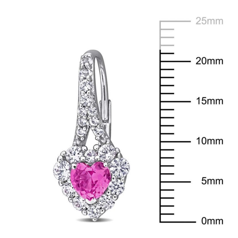 Lab Created Created Pink and White Sapphire Halo Heart Earrings in Sterling Silver