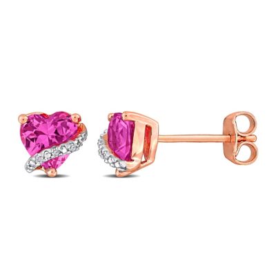 Belk & Co Lab Created Pink Sapphire and Diamond Accent Heart Stud Earrings in Rose Plated Sterling Silver