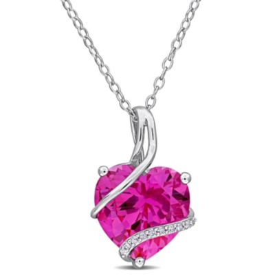 Belk & Co Lab Created Pink Sapphire and Diamond Accent Heart Wrapped Pendant with Chain in Sterling Silver