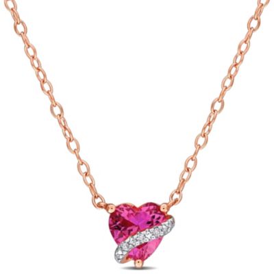Belk & Co Lab Created Pink Sapphire and Diamond Accent Heart Swirl Pendant with Chain in Rose Plated Sterling Silver