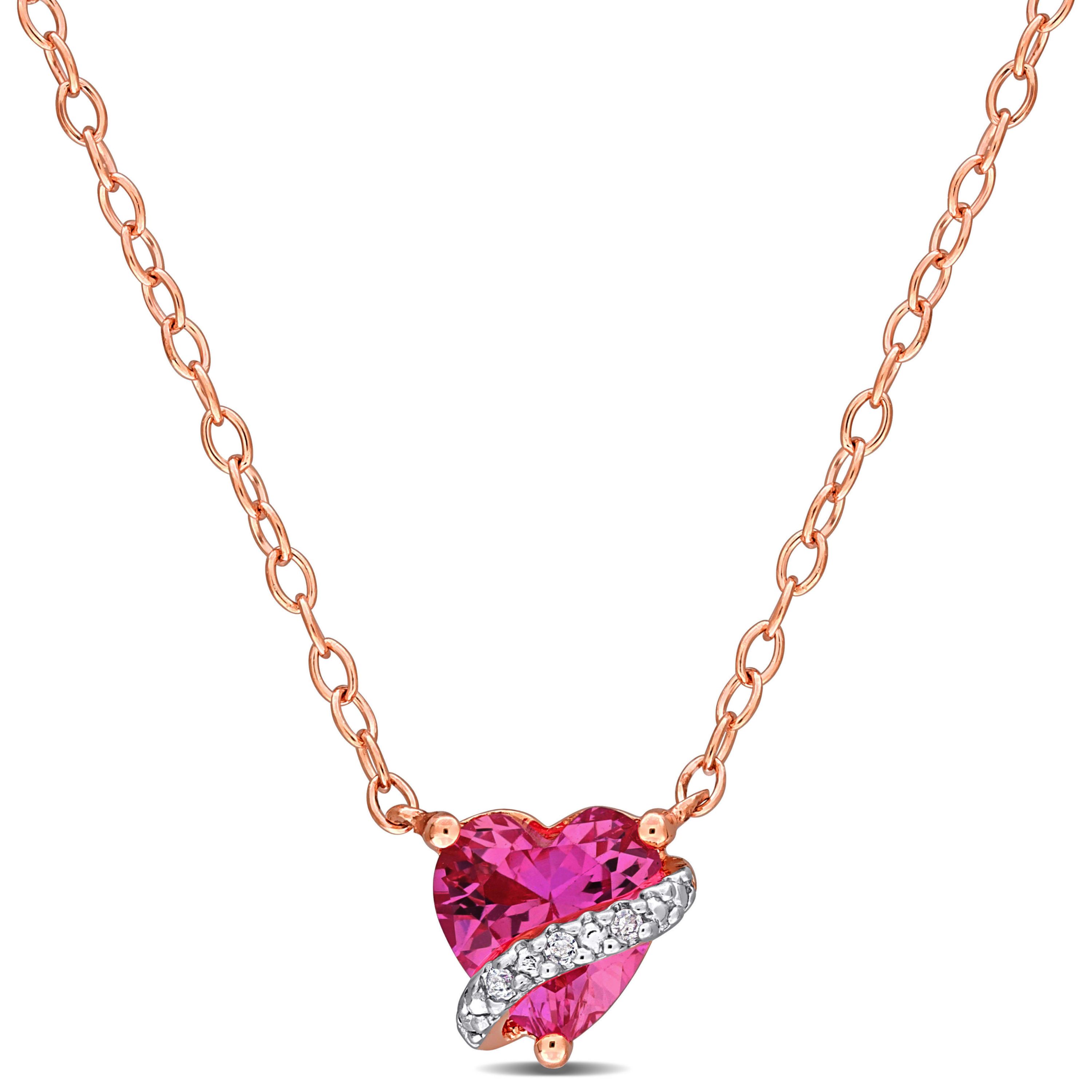 Lab Created Created Pink Sapphire and Diamond Accent Heart Swirl Pendant with Chain in Rose Plated Sterling Silver