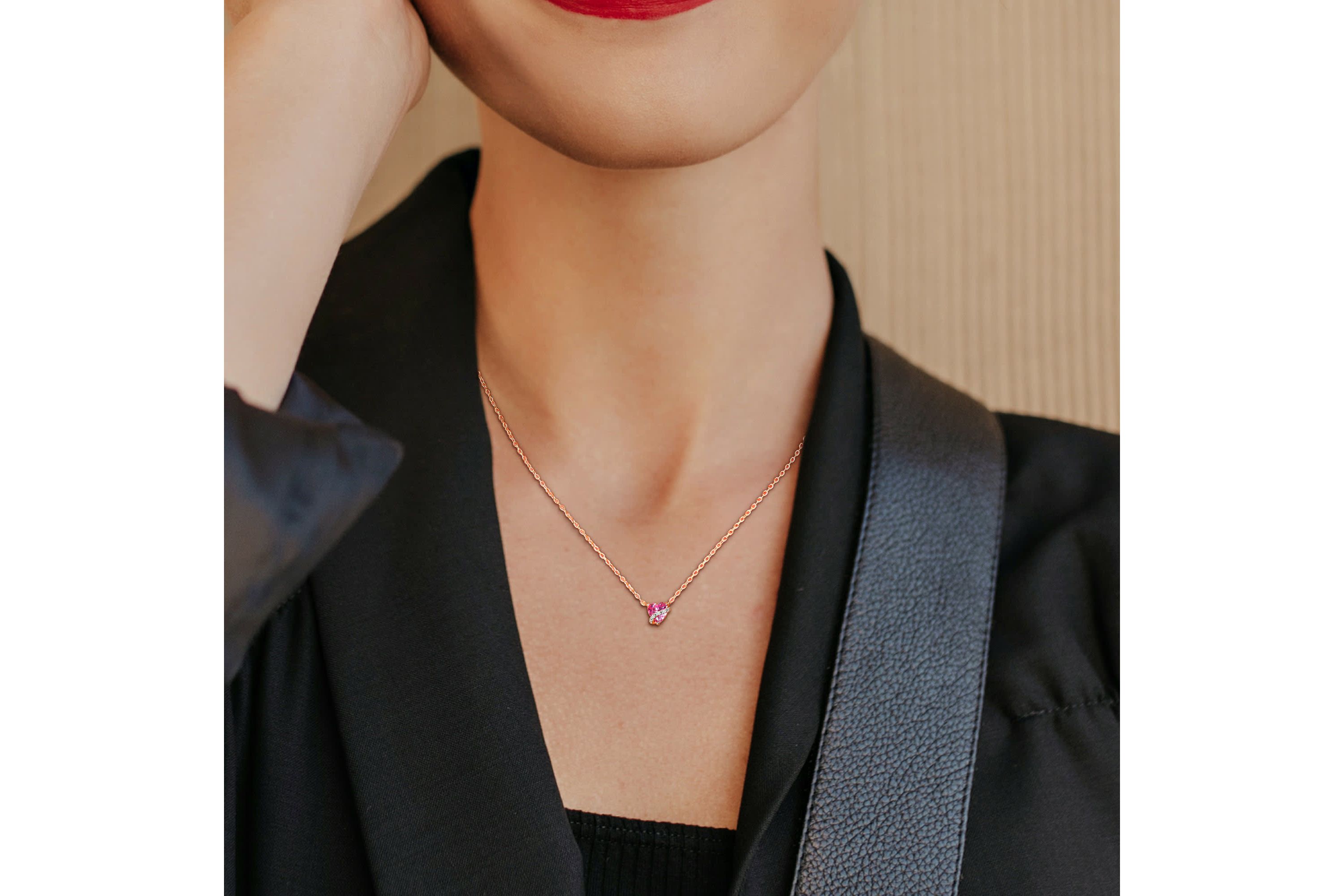 Lab Created Created Pink Sapphire and Diamond Accent Heart Swirl Pendant with Chain in Rose Plated Sterling Silver