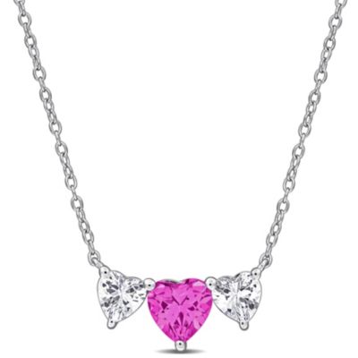 Belk & Co Lab Created Pink Sapphire Triple-Heart Necklace in Sterling Silver