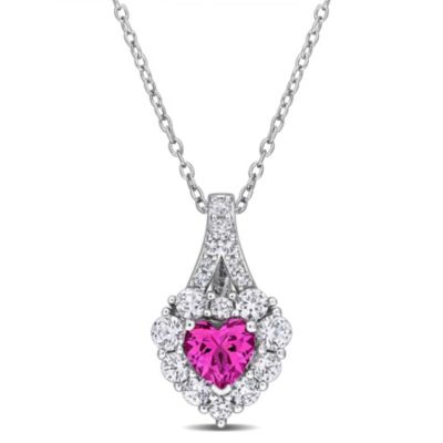Belk & Co Lab Created Pink and White Sapphire Halo Heart Pendant With Chain in Sterling Silver
