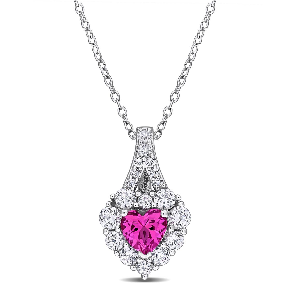 Lab Created Created Pink and White Sapphire Halo Heart Pendant With Chain in Sterling Silver