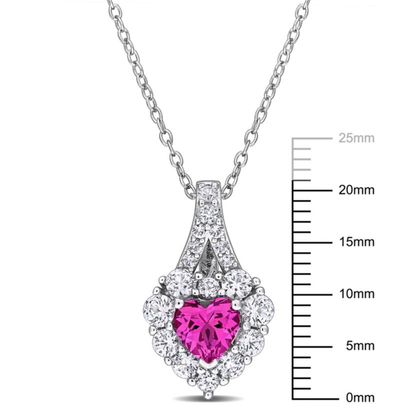 Lab Created Created Pink and White Sapphire Halo Heart Pendant With Chain in Sterling Silver