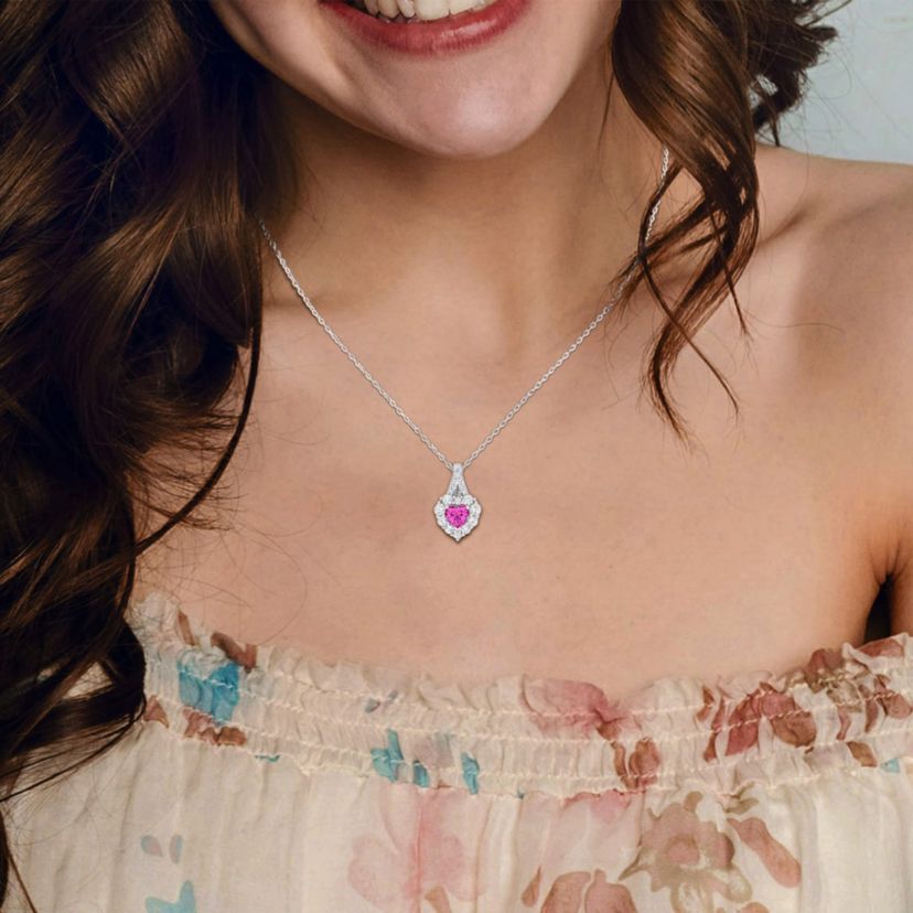 Lab Created Created Pink and White Sapphire Halo Heart Pendant With Chain in Sterling Silver