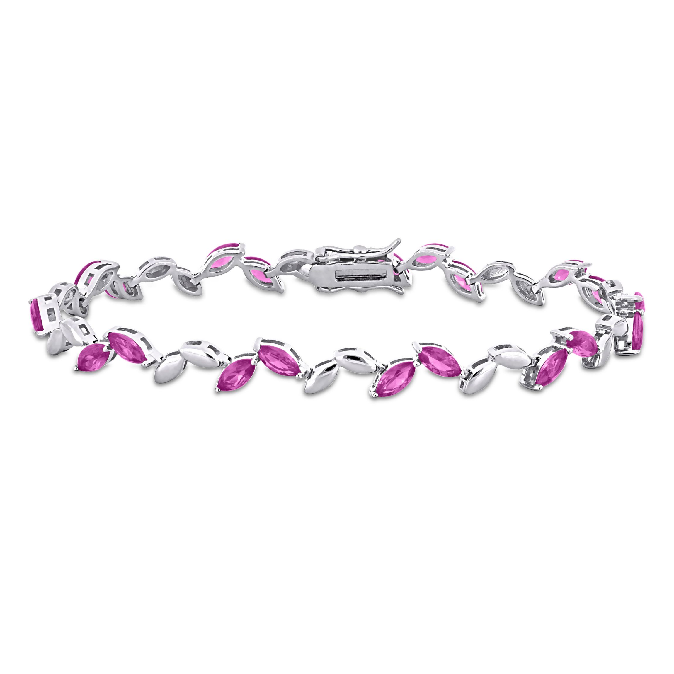 Lab Created Created Pink Sapphire Leaf Bracelet in Sterling Silver