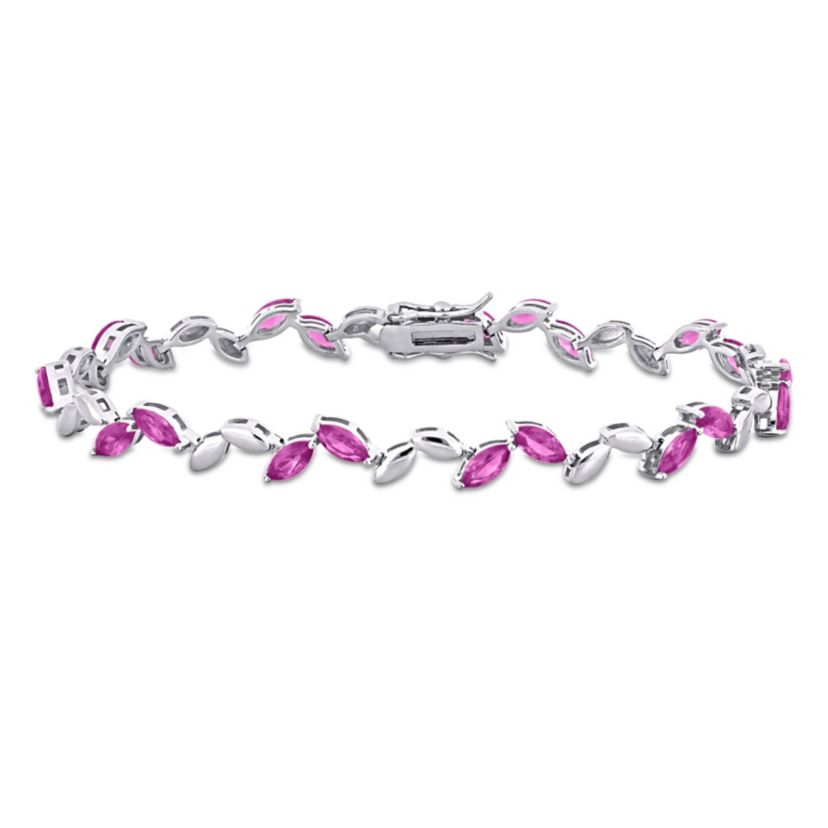 Lab Created Created Pink Sapphire Leaf Bracelet in Sterling Silver