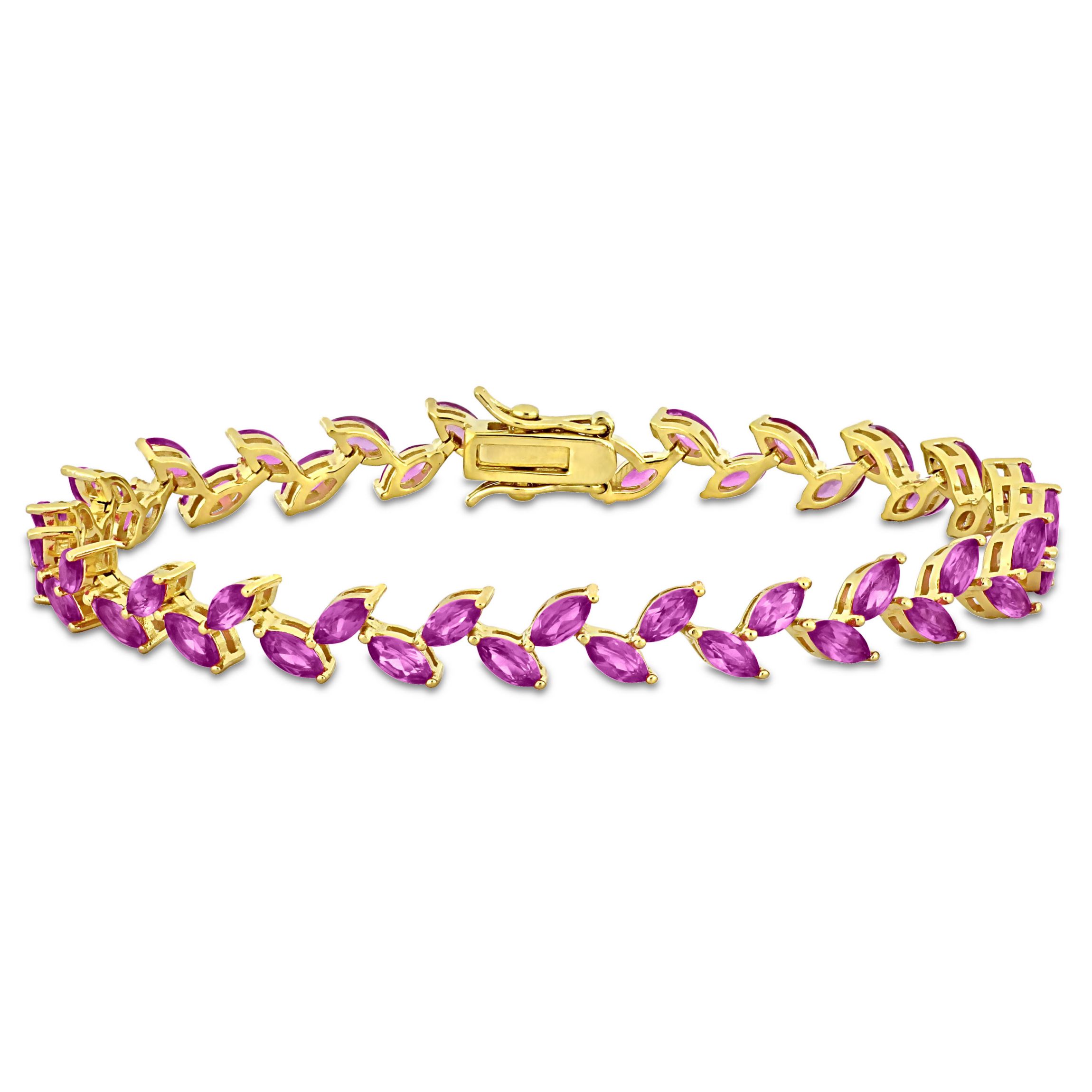 Lab Created Created Pink Sapphire Leaf Bracelet in Yellow Plated Sterling Silver
