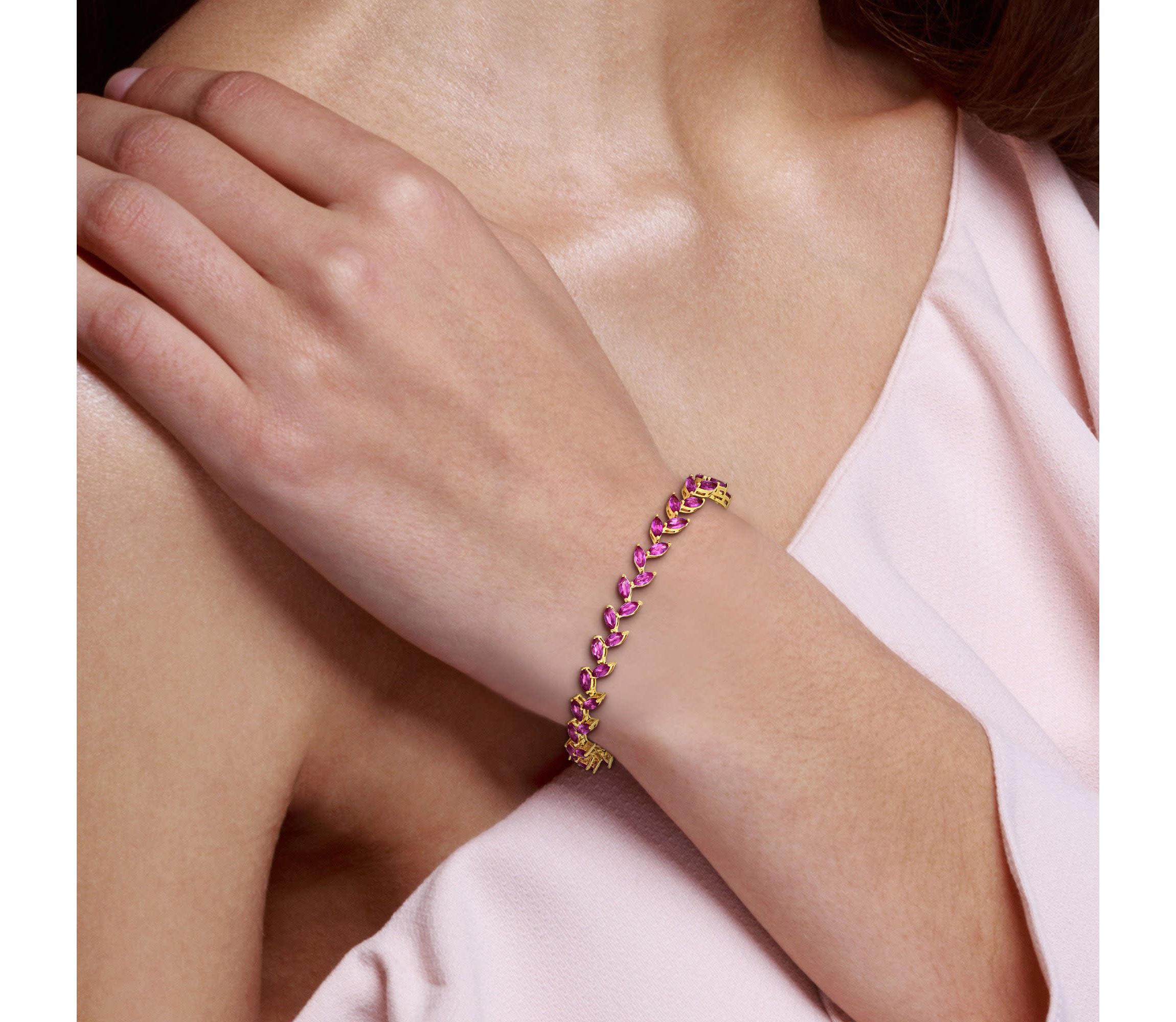 Lab Created Created Pink Sapphire Leaf Bracelet in Yellow Plated Sterling Silver
