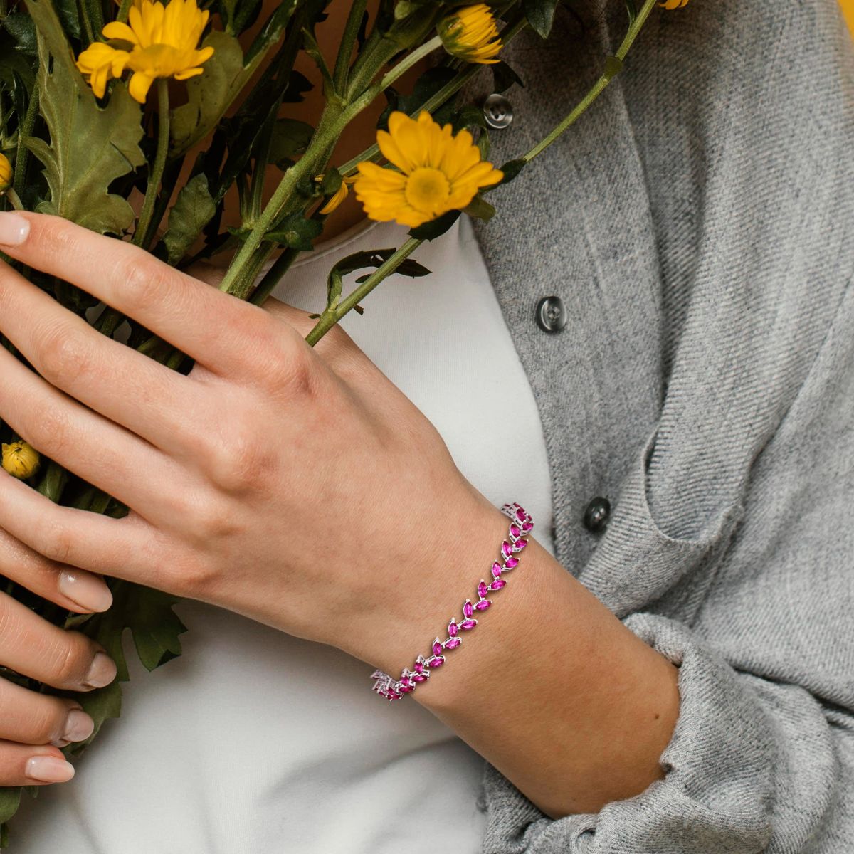 Lab Created Created Pink Sapphire Leaf Bracelet in Sterling Silver
