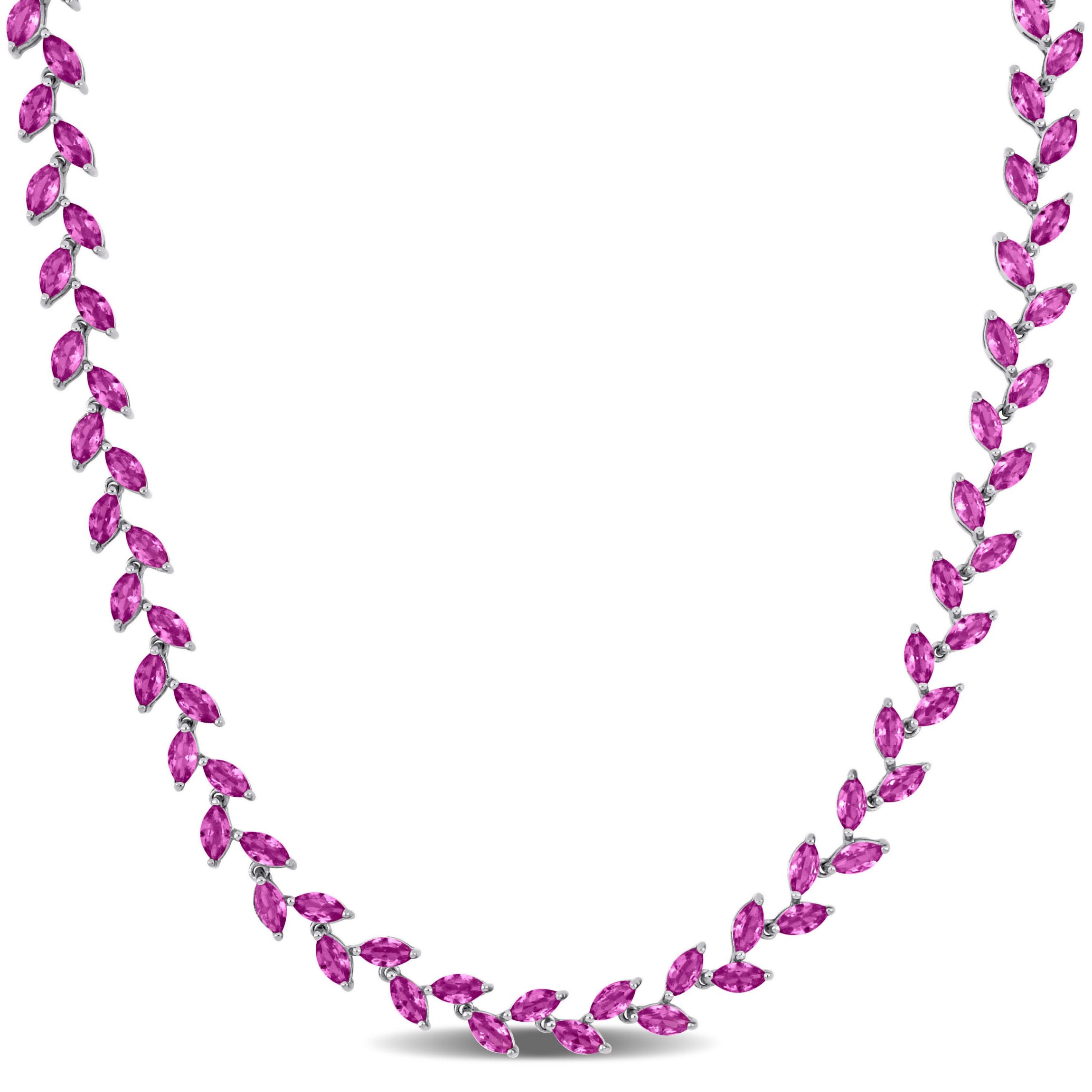 Lab Created Created Pink Sapphire Leaf Necklace in Sterling Silver