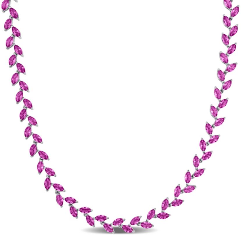 Lab Created Created Pink Sapphire Leaf Necklace in Sterling Silver