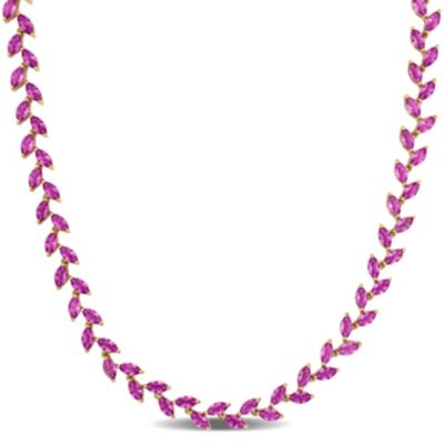 Belk & Co Lab Created Pink Sapphire Leaf Necklace in Yellow Plated Sterling Silver