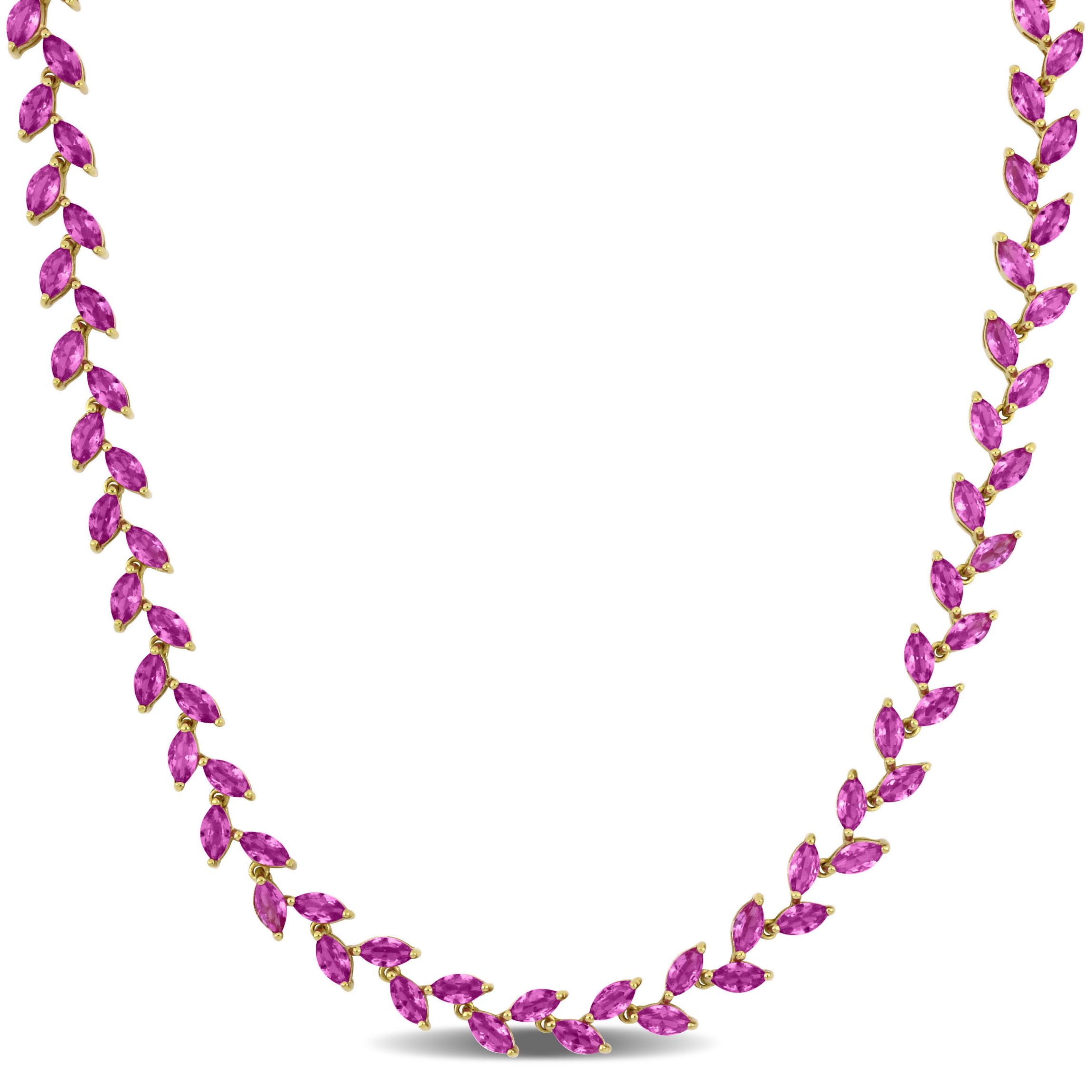 Lab Created Created Pink Sapphire Leaf Necklace in Yellow Plated Sterling Silver