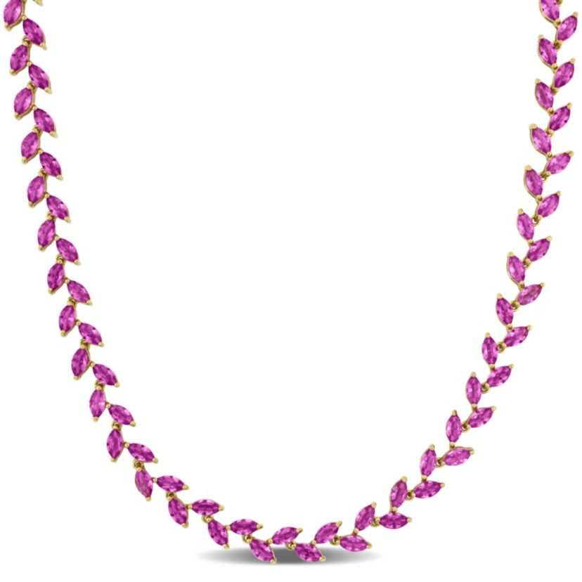 Lab Created Created Pink Sapphire Leaf Necklace in Yellow Plated Sterling Silver