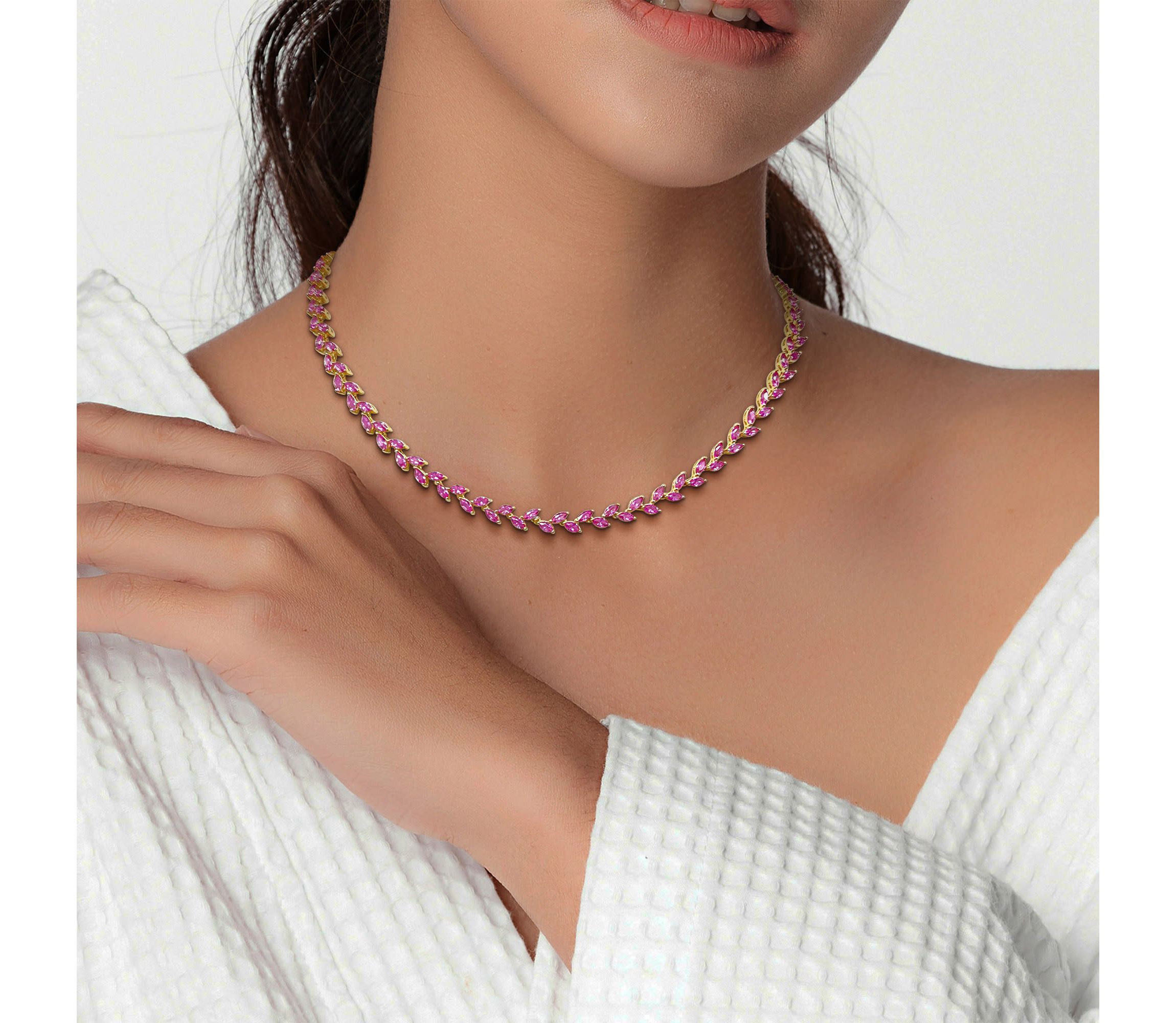 Lab Created Created Pink Sapphire Leaf Necklace in Yellow Plated Sterling Silver