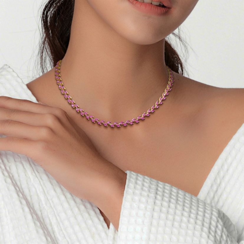 Lab Created Created Pink Sapphire Leaf Necklace in Yellow Plated Sterling Silver