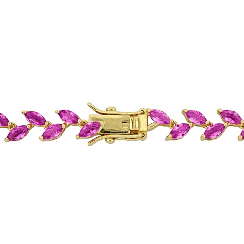 Lab Created Created Pink Sapphire Leaf Necklace in Yellow Plated Sterling Silver
