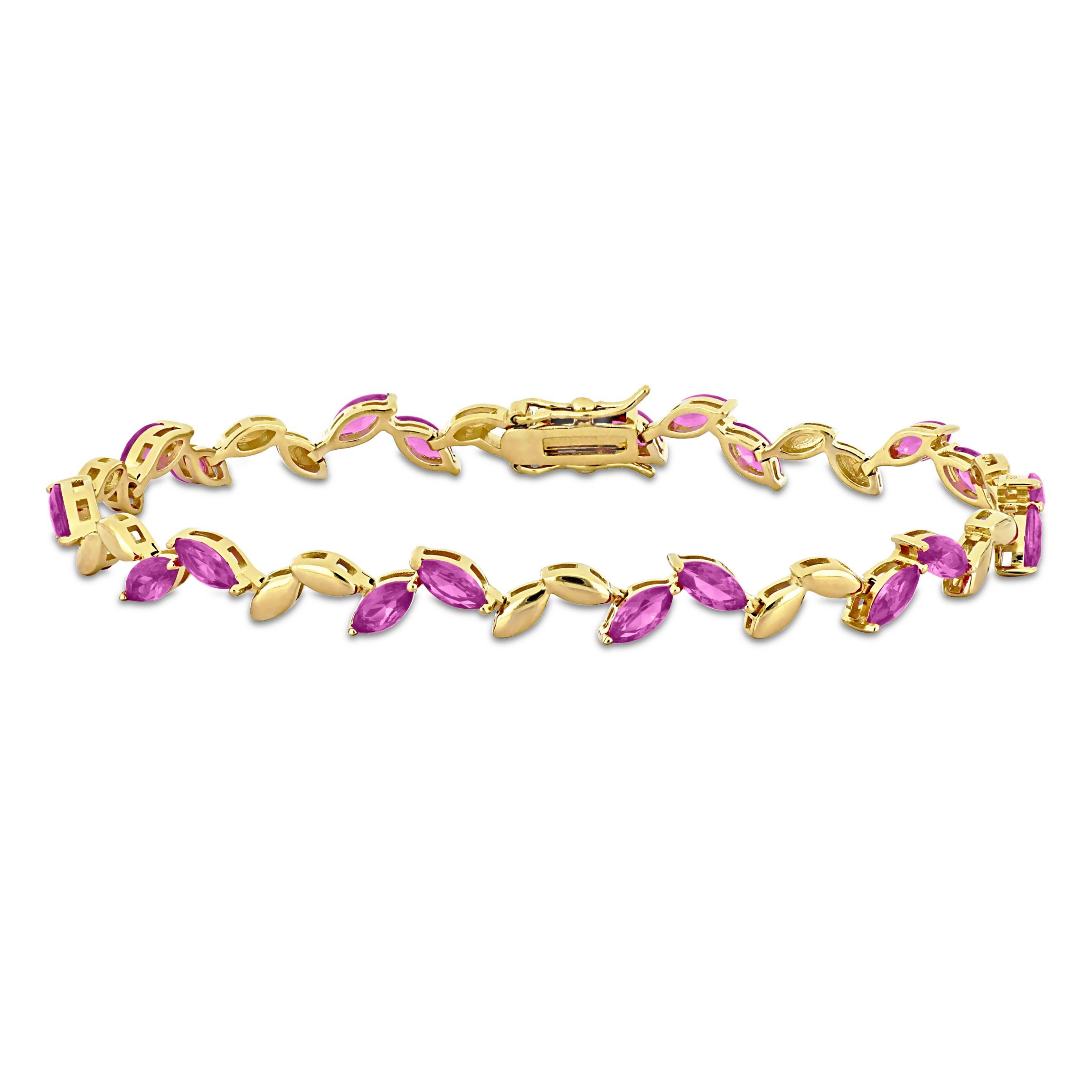 Lab Created Created Pink Sapphire Leaf Bracelet in Yellow Plated Sterling Silver