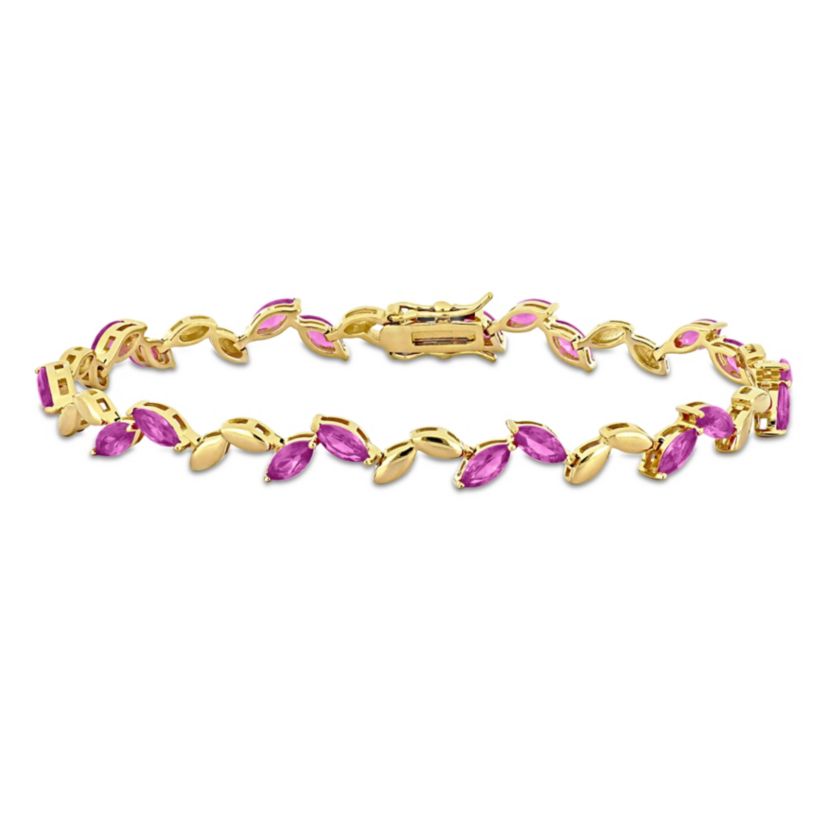 Lab Created Created Pink Sapphire Leaf Bracelet in Yellow Plated Sterling Silver