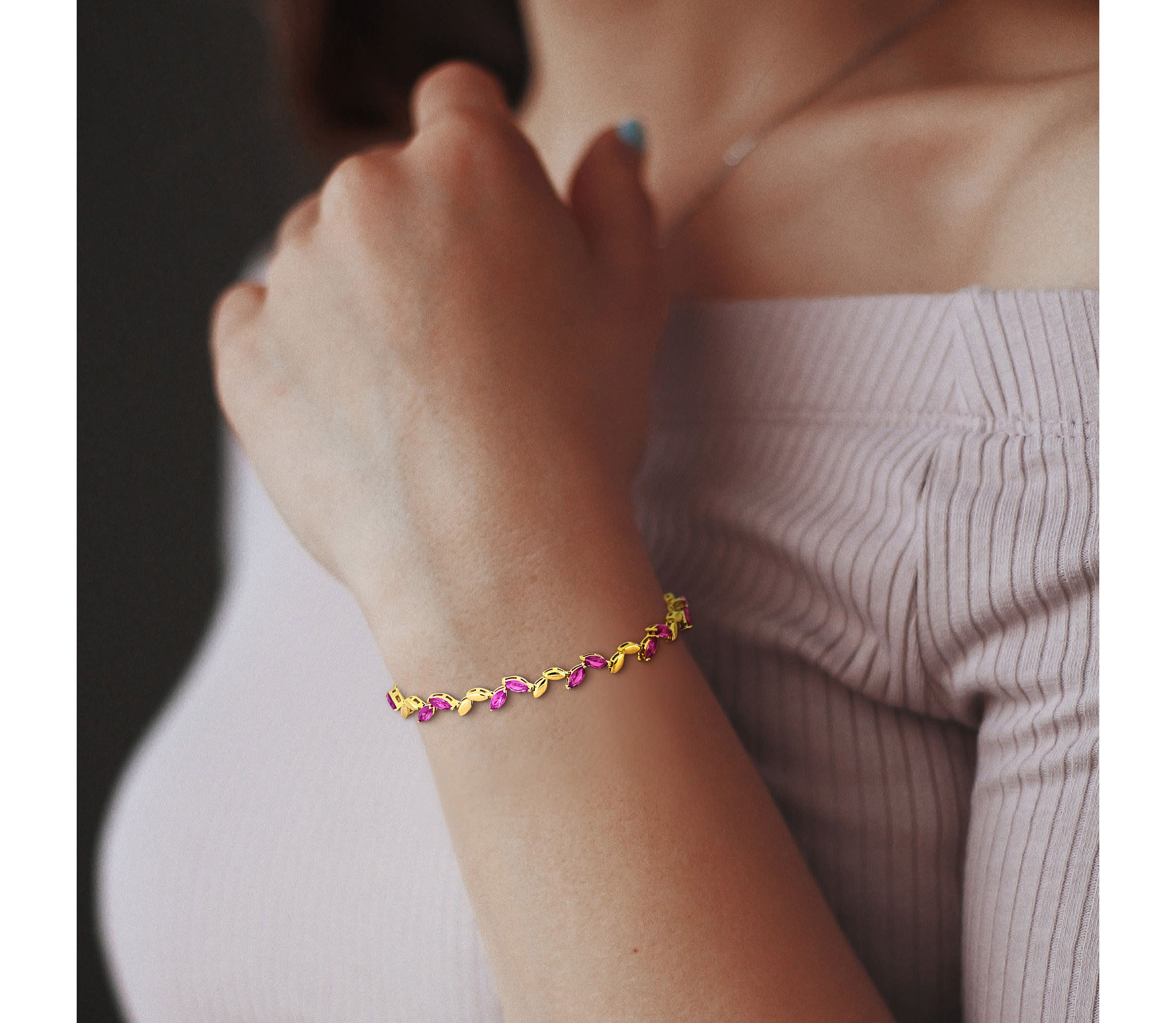 Lab Created Created Pink Sapphire Leaf Bracelet in Yellow Plated Sterling Silver